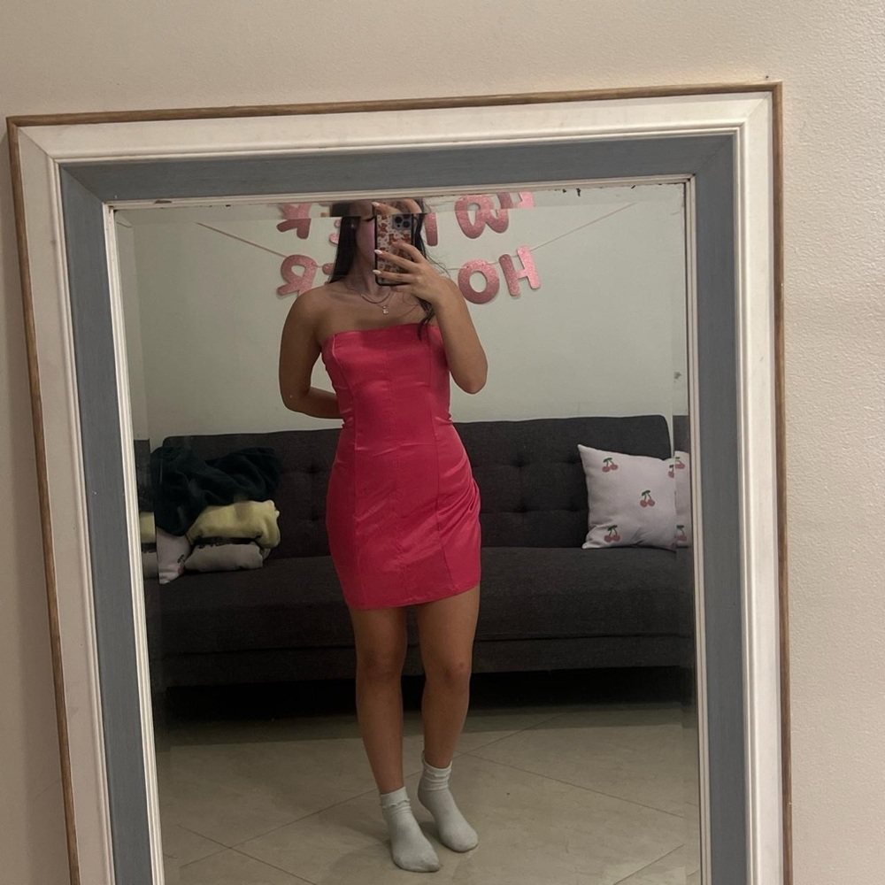 pink satin strapless dress from beginning boutique